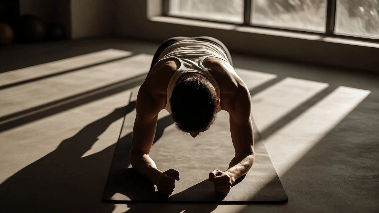 Individual holding a strict plank position in a sunlit room
