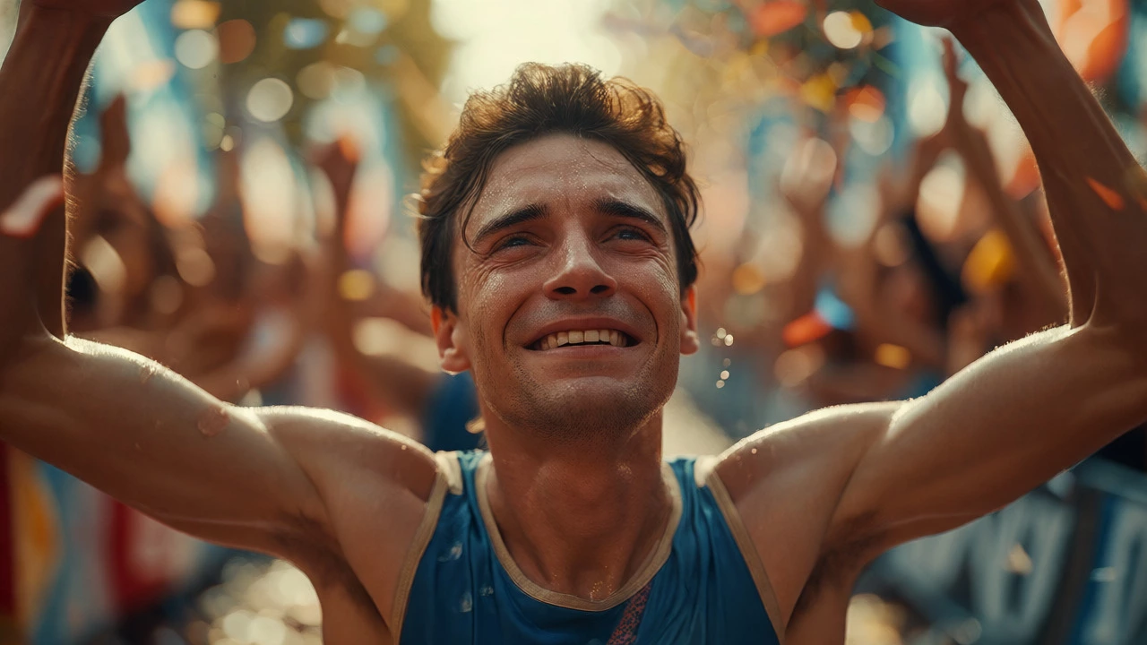 Joyful runner crossing the marathon finish line with arms raised