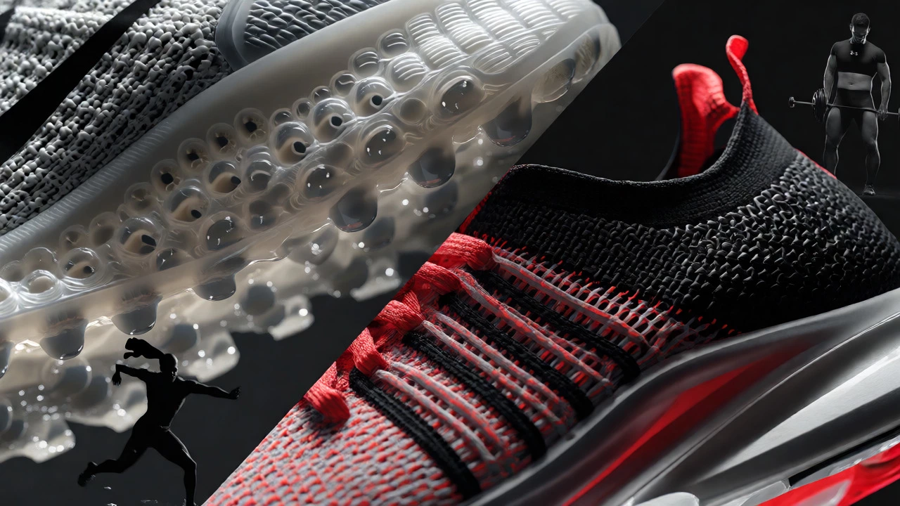 Macro close-up contrasting dense foam and knit textures of performance sportswear materials with blurred athletes in the background.