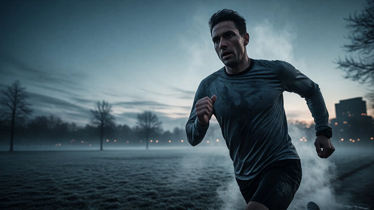 Male runner training alone in a misty park at dawn, showing determination.