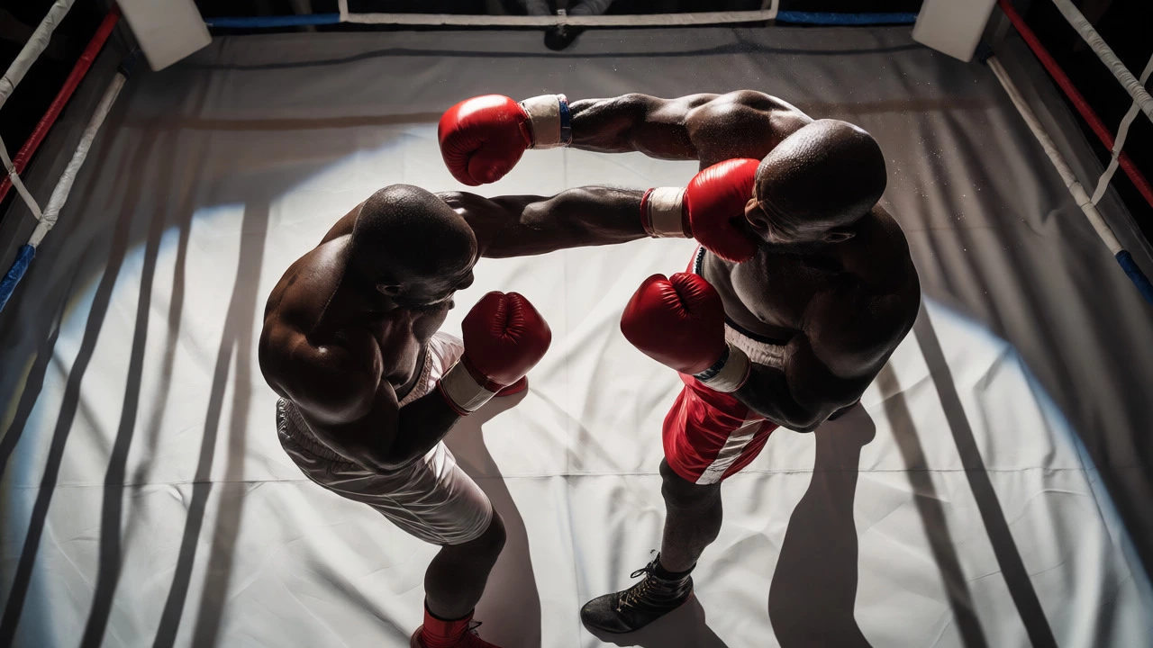 Overhead view of two heavyweights exchanging punches in the final round of a title fight.