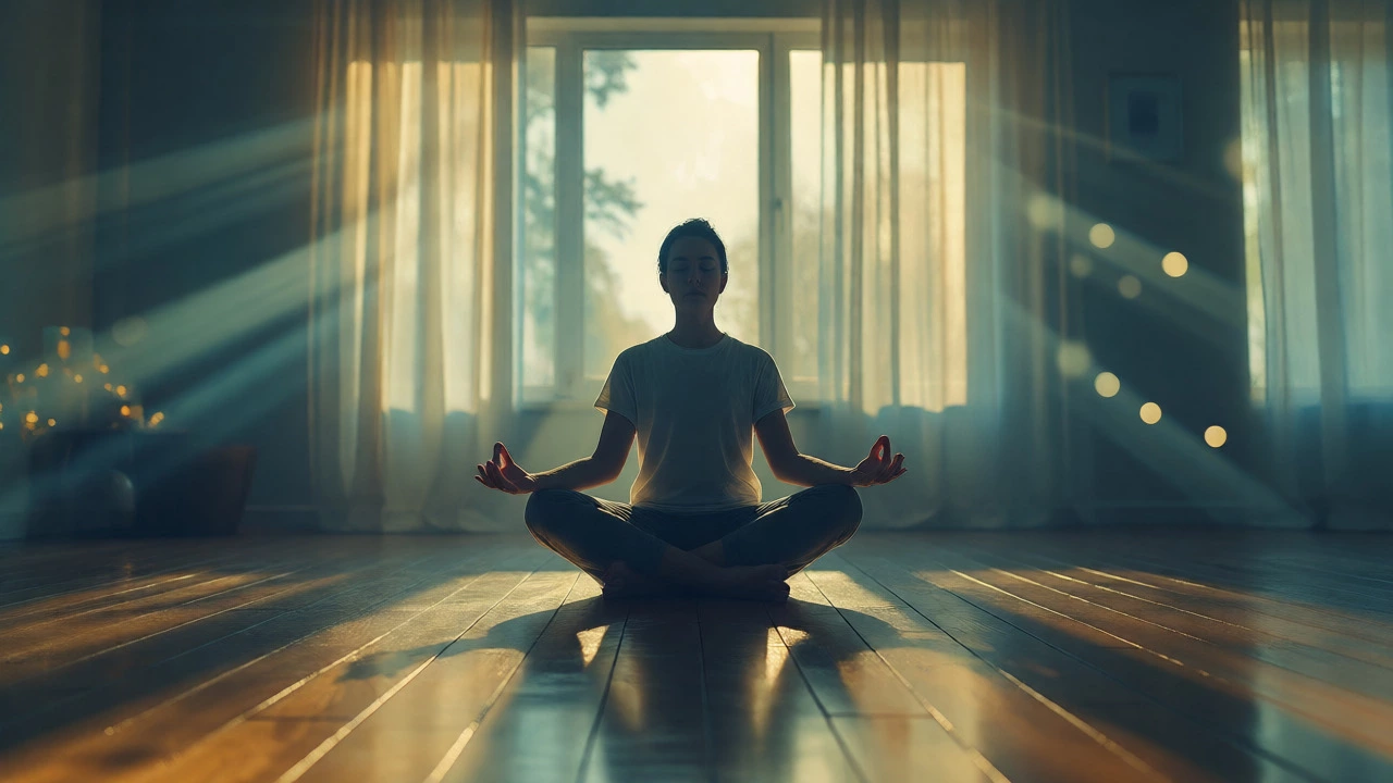 Person meditating peacefully in sunlit minimalist room