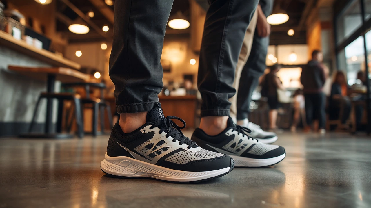 Person wearing neutral running shoes with jeans in an urban coffee shop