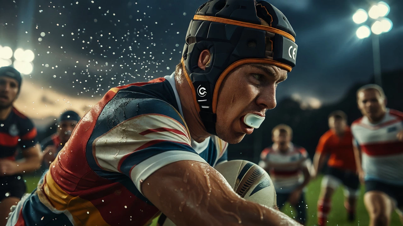 Rugby player in full protective gear being tackled under stadium lights at night.