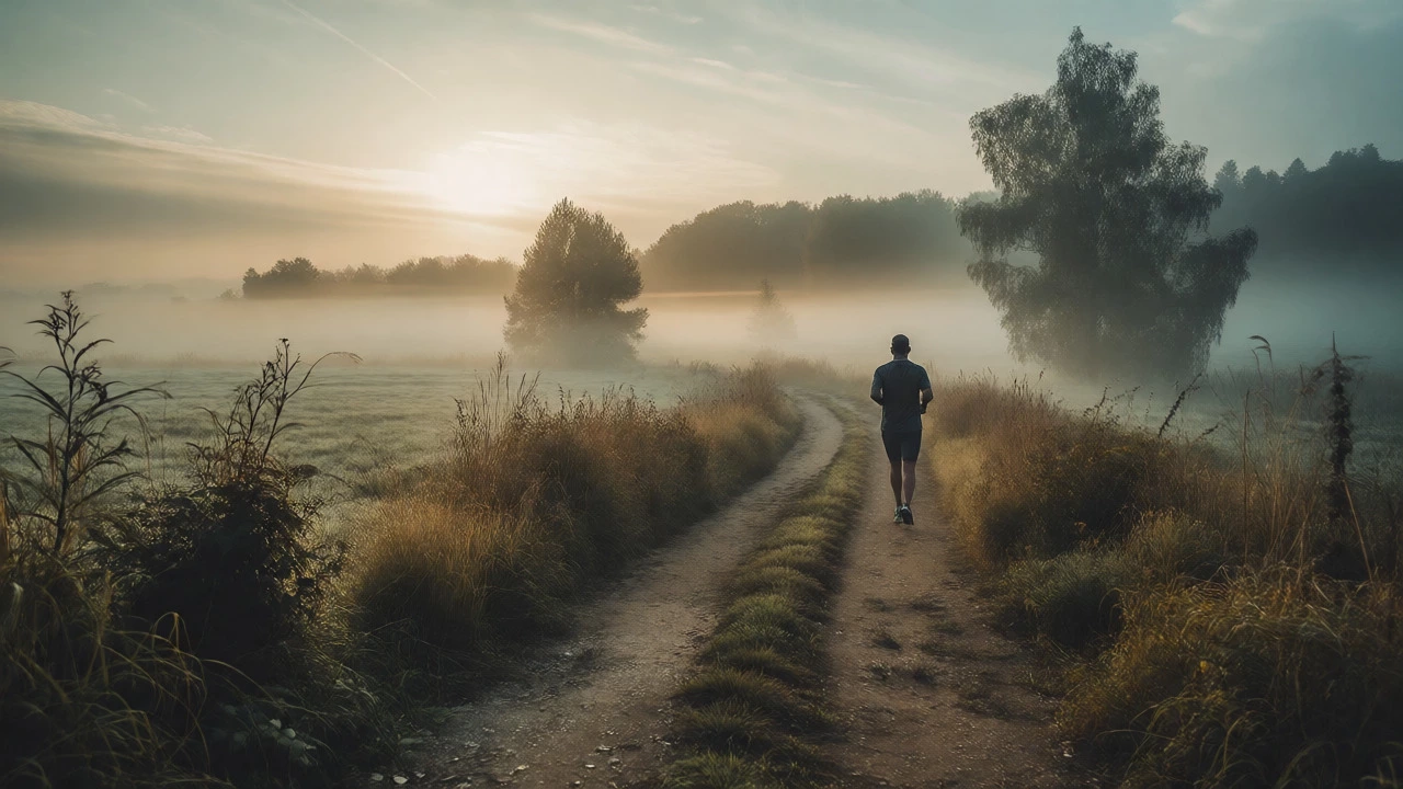 Solo runner training on a misty forest trail during early morning hours