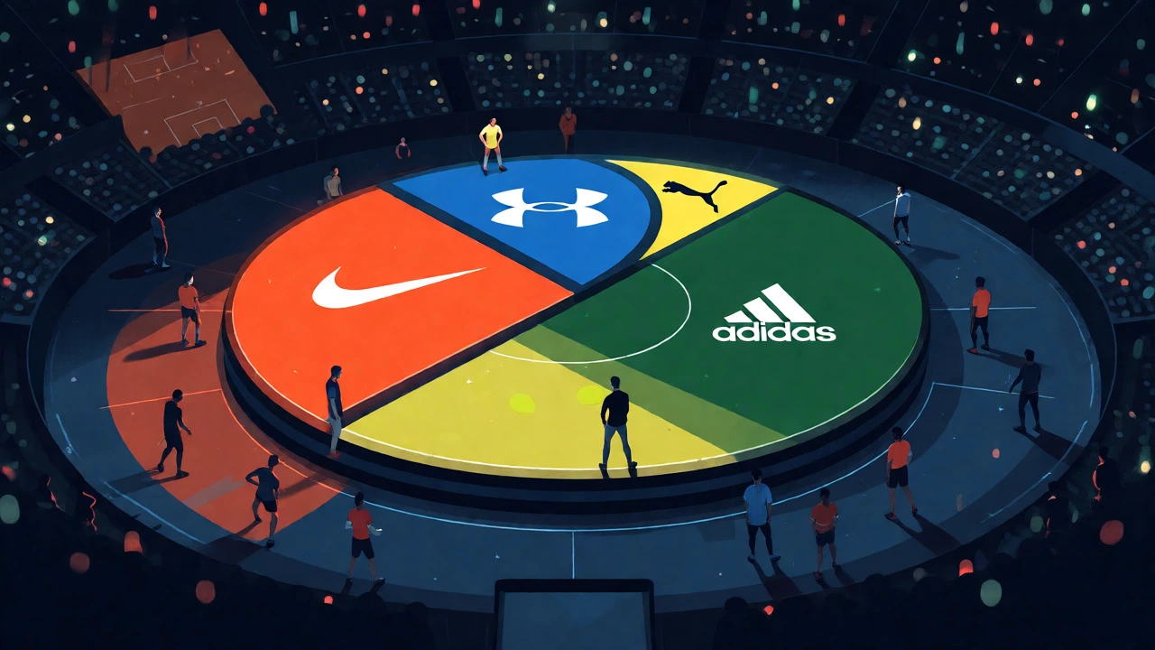 Stylized overhead view of a stadium arena divided into four colored zones representing major sportswear market shares.