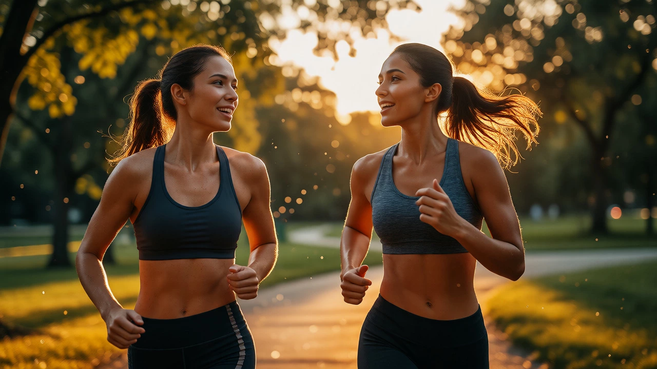 Two friends jogging together and talking comfortably in a park