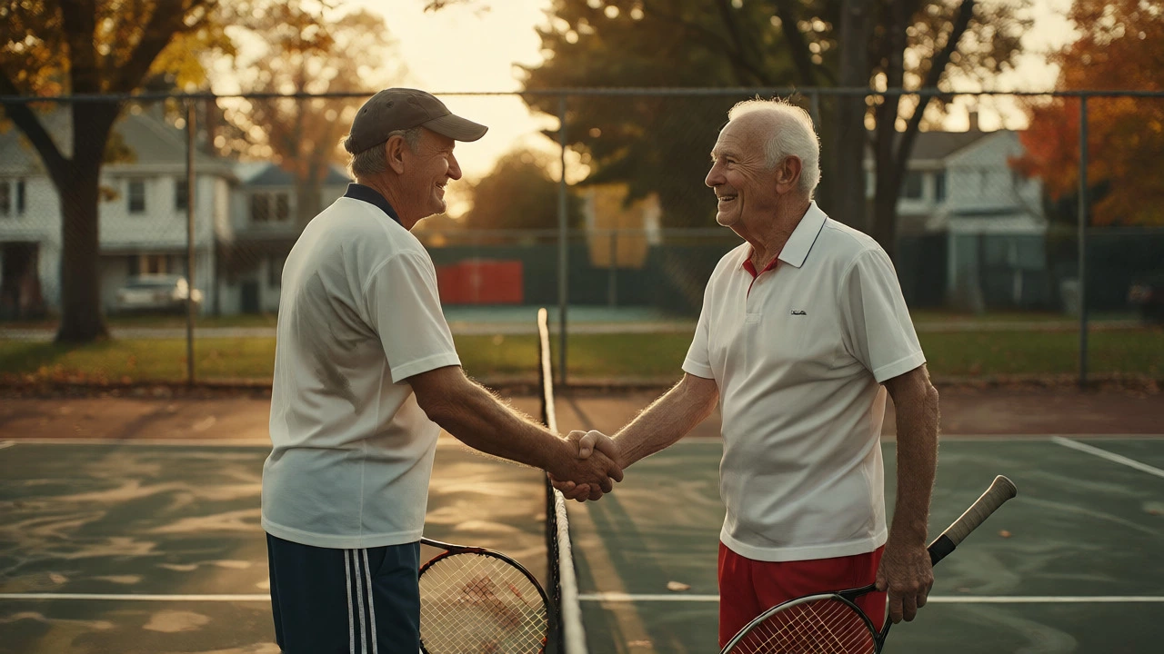 Veteran tennis players shaking hands after a doubles game