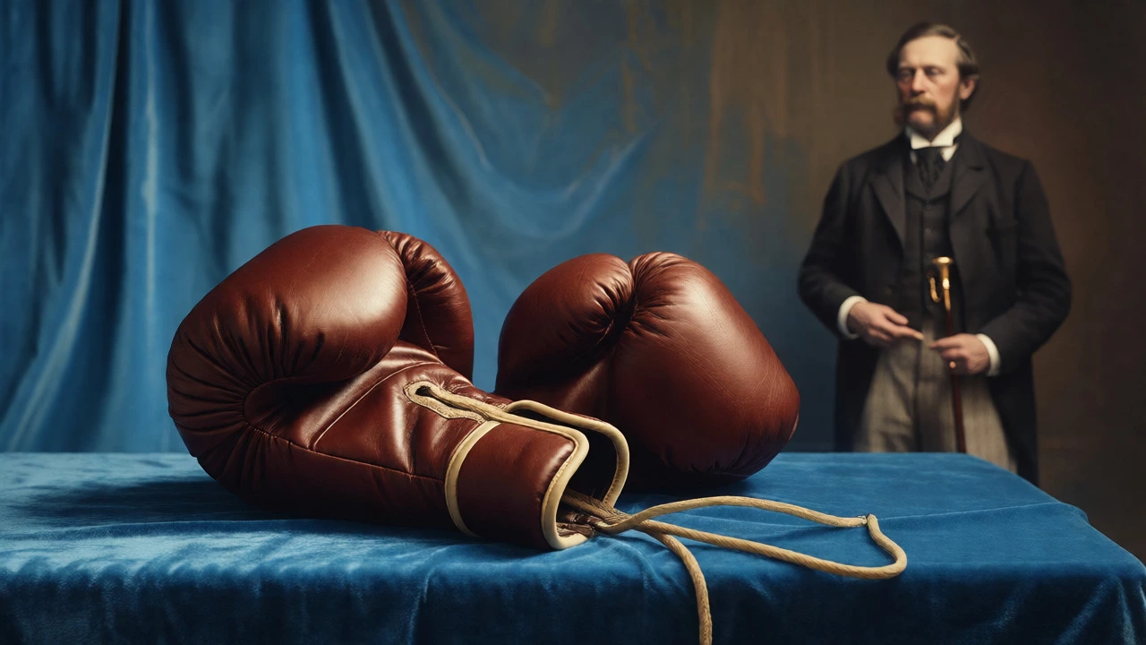 Victorian padded boxing gloves resting near a gentleman in formal attire, symbolizing the sport's refinement.
